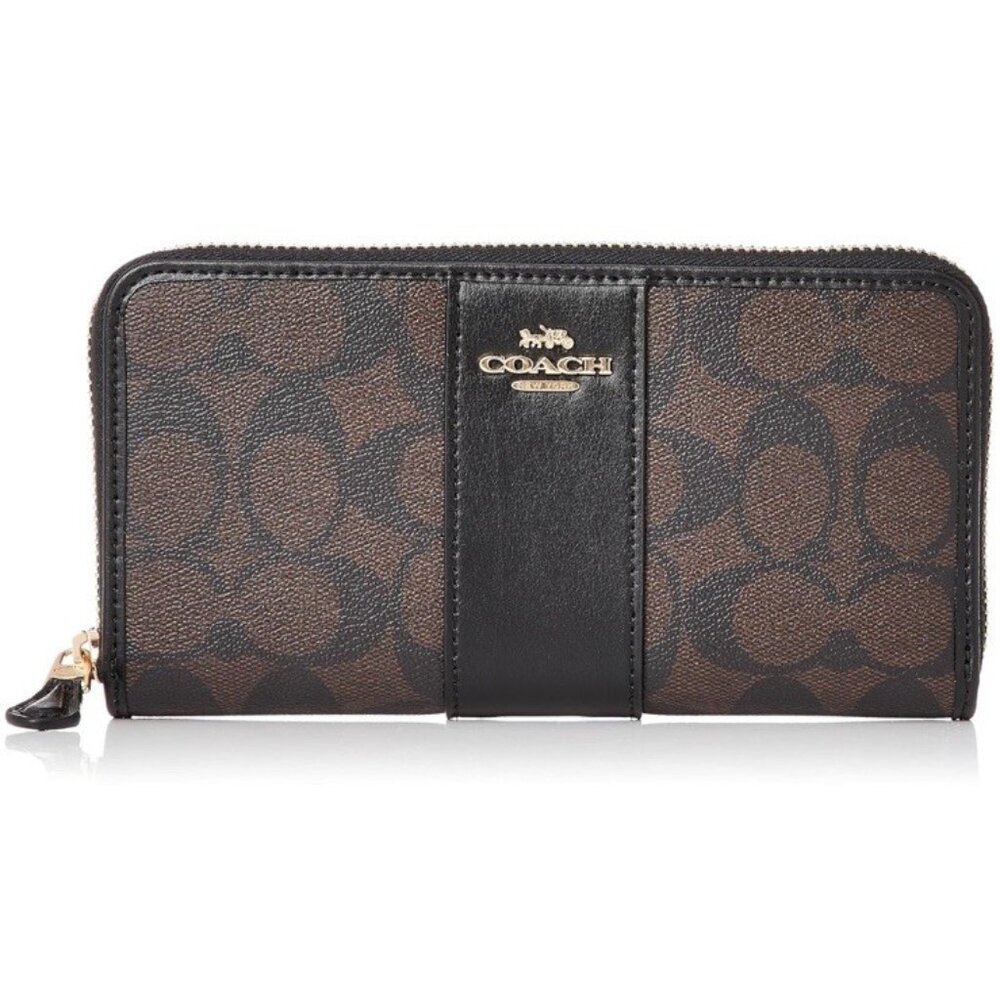 Coach Long Zip Around Wallet In Signature Canvas Brown Black Gold Tone Hardware - Picture 6 of 16